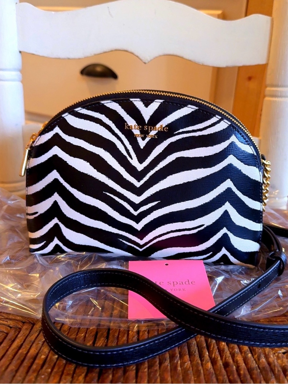 Kate Spade New York Morgan Zebra Embossed Double Zip Dome Crossbody NWOT